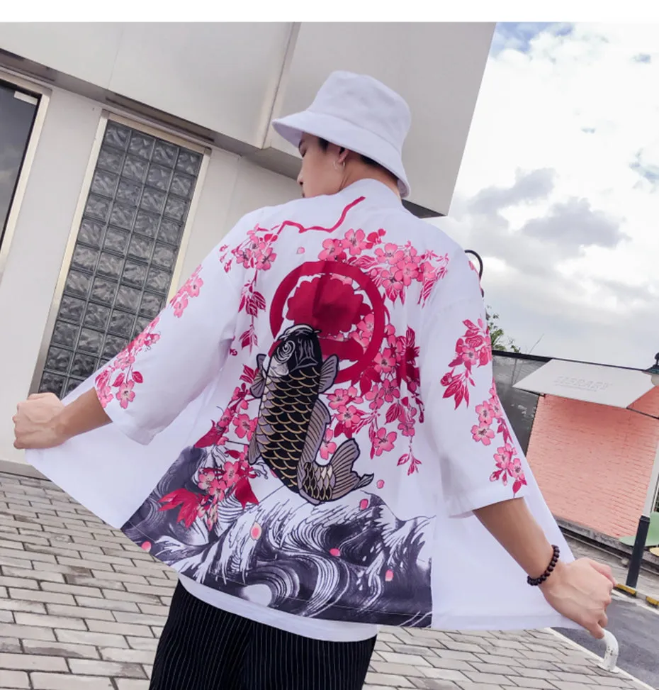 Soragoi Koi Art Print Japanese Koi Fish Men Kimono Cardigan Jacket