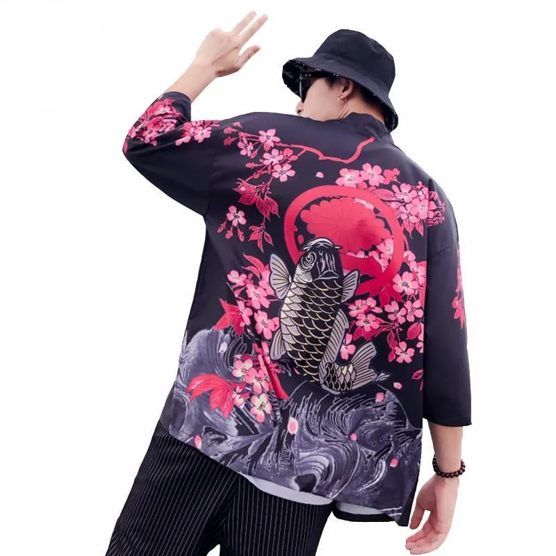 Soragoi Koi Art Print Japanese Koi Fish Men Kimono Cardigan Jacket