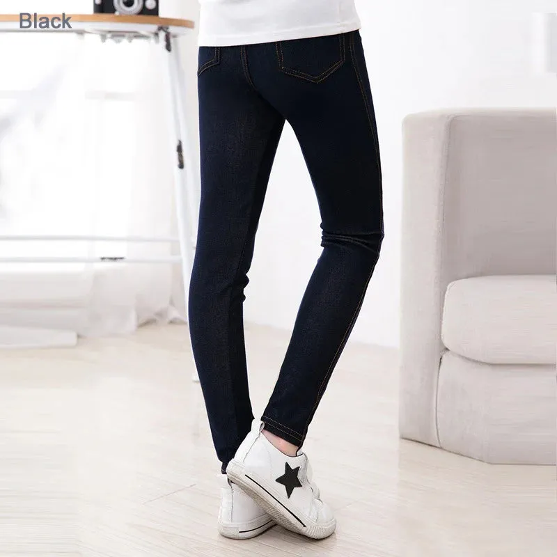 Spring Summer Girls Elastic Skinny Pants Solid Color Kids Stretch Trousers 3-12Yrs Children Lmitation Denim Fabric Jeans Pants