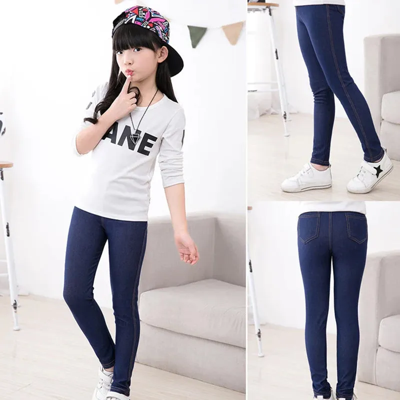 Spring Summer Girls Elastic Skinny Pants Solid Color Kids Stretch Trousers 3-12Yrs Children Lmitation Denim Fabric Jeans Pants