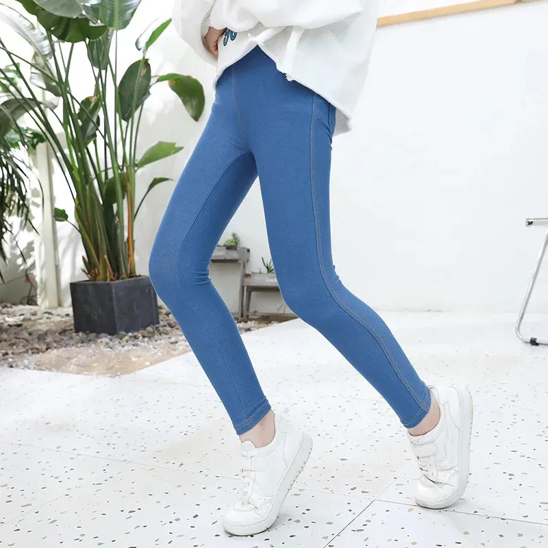 Spring Summer Girls Elastic Skinny Pants Solid Color Kids Stretch Trousers 3-12Yrs Children Lmitation Denim Fabric Jeans Pants