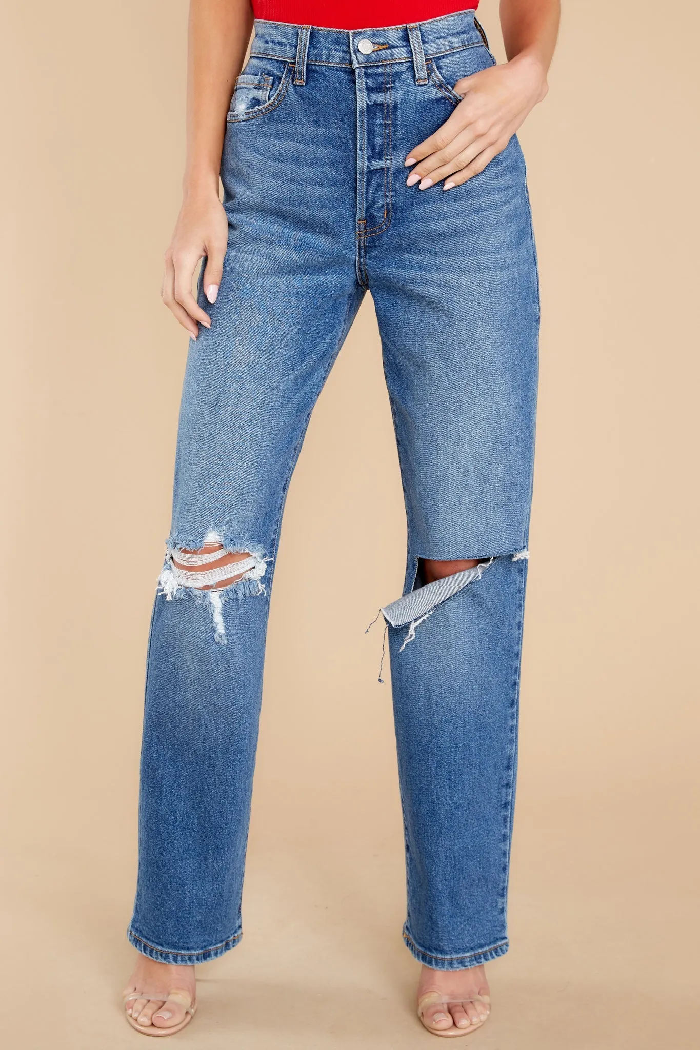 Strike Back Medium Wash Distressed Straight Jeans