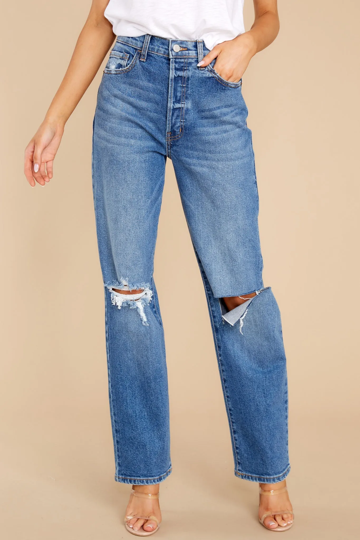 Strike Back Medium Wash Distressed Straight Jeans