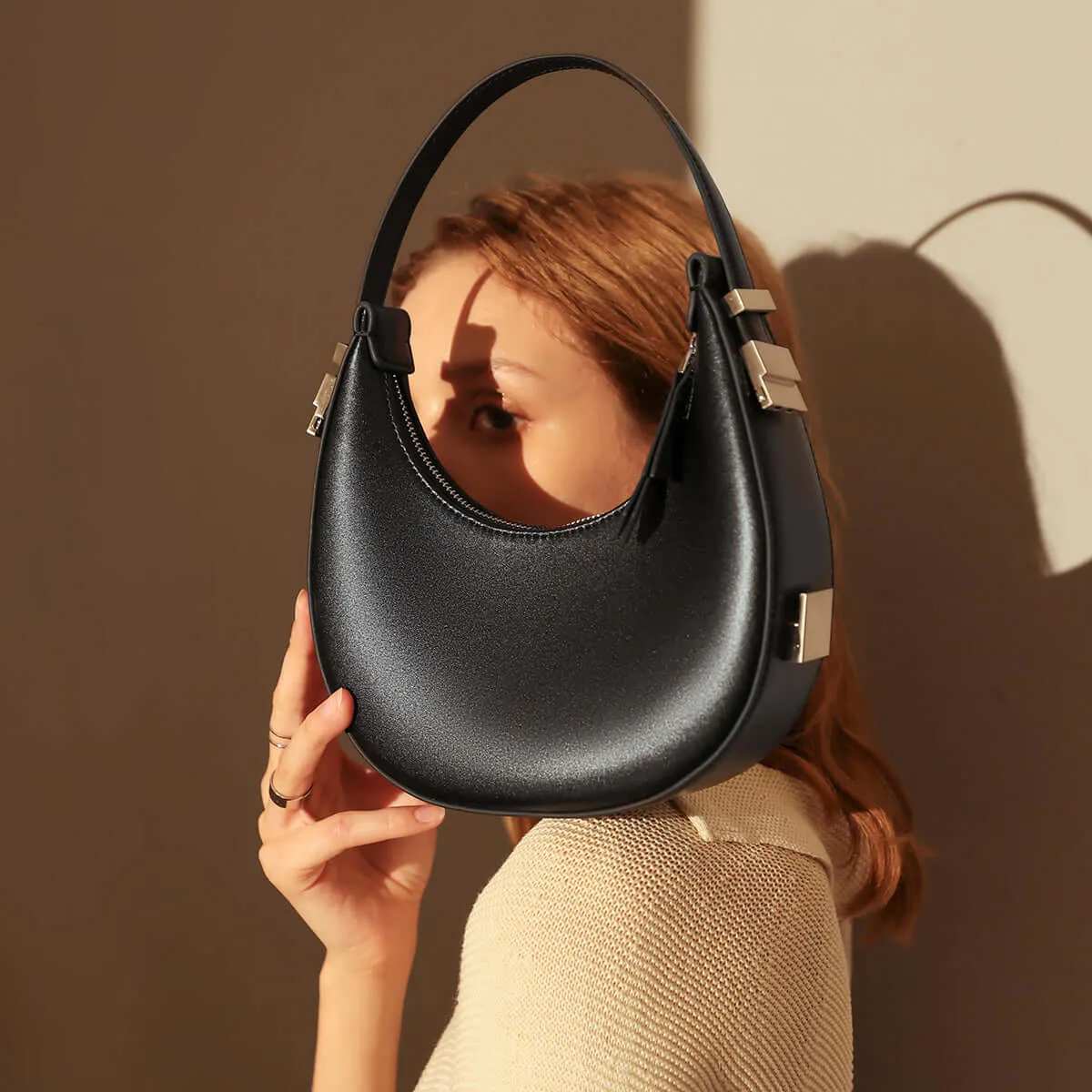 Structured Leather Crescent Moon Bag