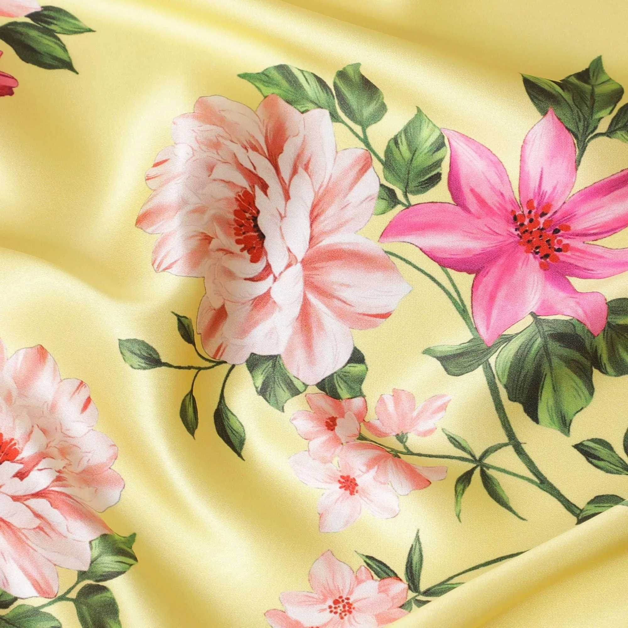 Sun flower yellow premium pure silk satin fabric with multicolor print in floral design-D14289