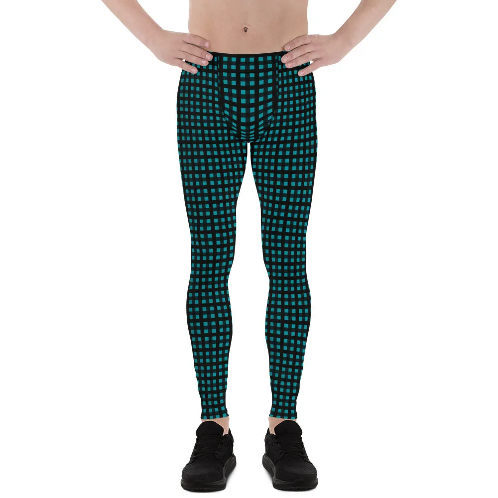 Teal Blue Buffalo Meggings, Best Buffalo Plaid Print Premium Men's Leggings Meggings Tights- Made in USA/EU