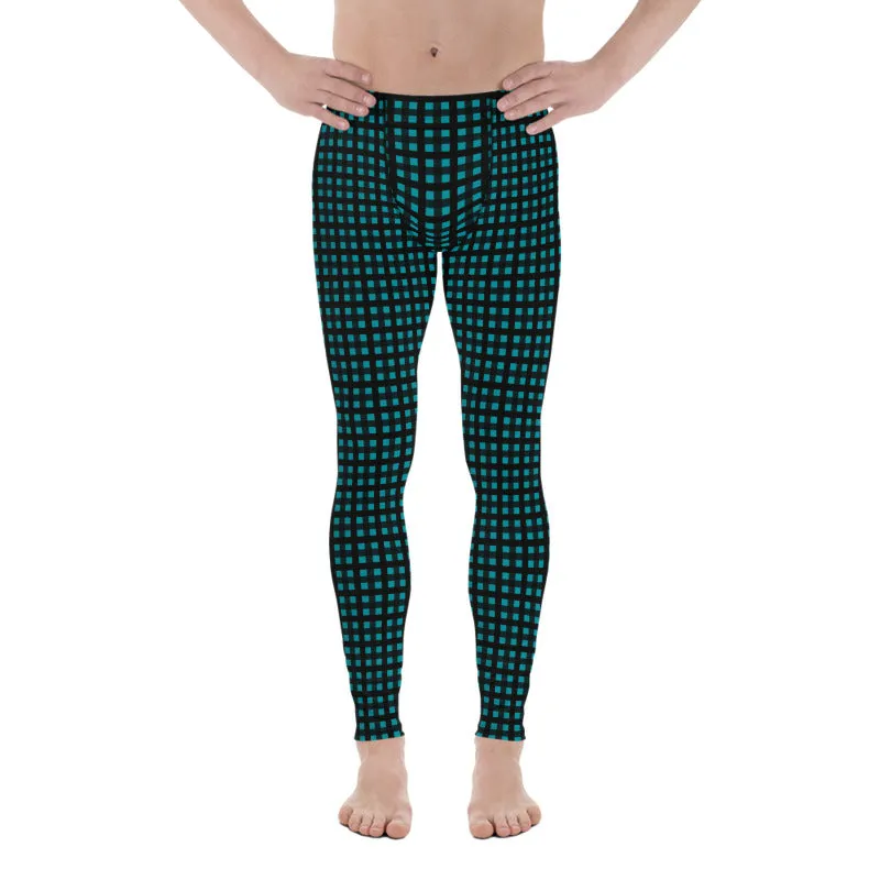 Teal Blue Buffalo Meggings, Best Buffalo Plaid Print Premium Men's Leggings Meggings Tights- Made in USA/EU