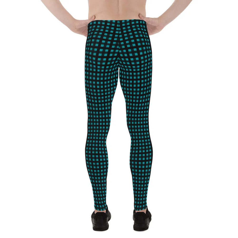 Teal Blue Buffalo Meggings, Best Buffalo Plaid Print Premium Men's Leggings Meggings Tights- Made in USA/EU