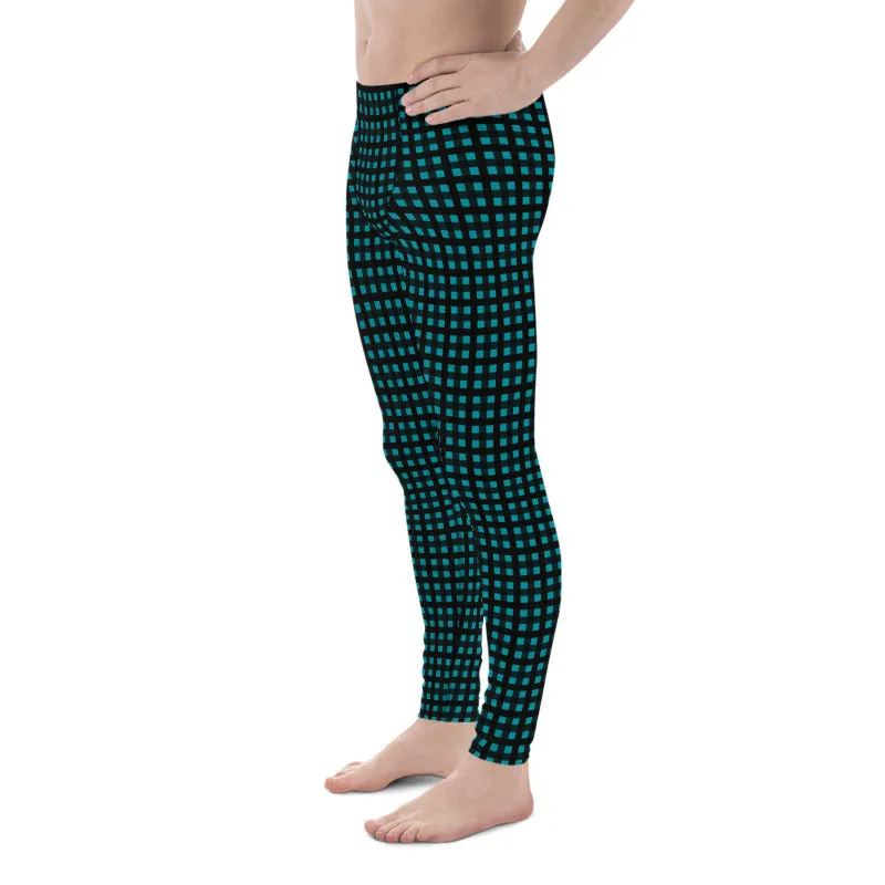 Teal Blue Buffalo Meggings, Best Buffalo Plaid Print Premium Men's Leggings Meggings Tights- Made in USA/EU