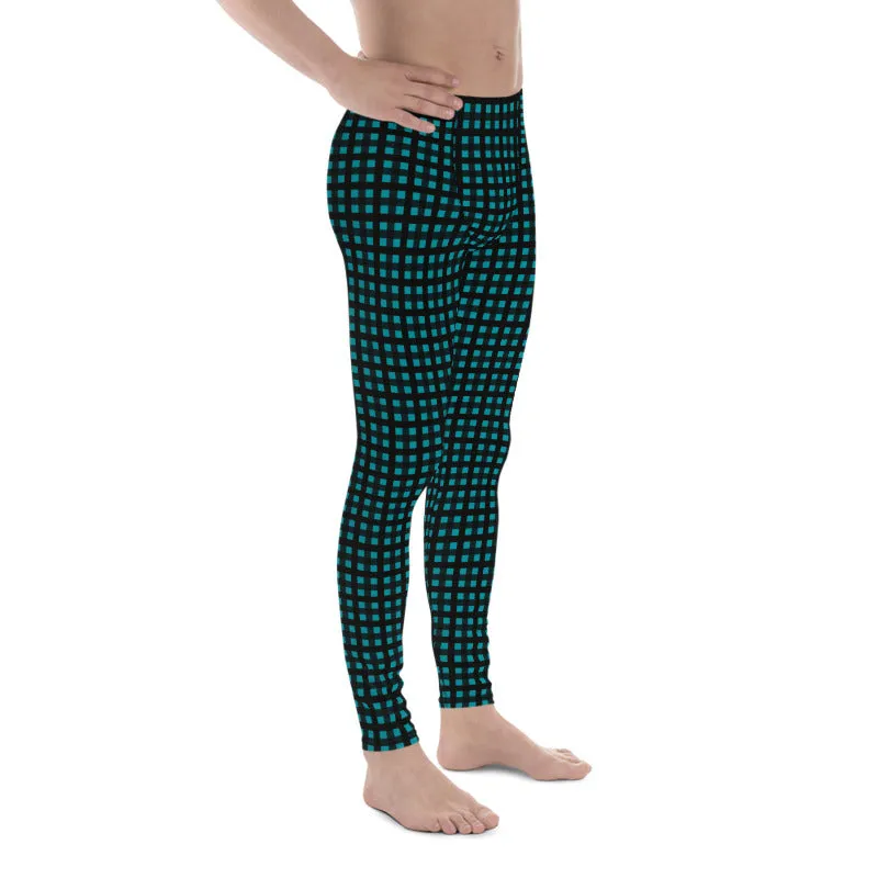 Teal Blue Buffalo Meggings, Best Buffalo Plaid Print Premium Men's Leggings Meggings Tights- Made in USA/EU