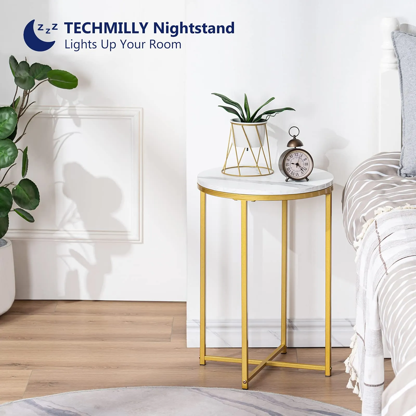 TECHMILLY Round End Table, Faux Marble Sofa Table, Accent Side Table with Metal Frame, Modern Gold Nightstand, Tall Coffee Table for Living Room, Bedroom