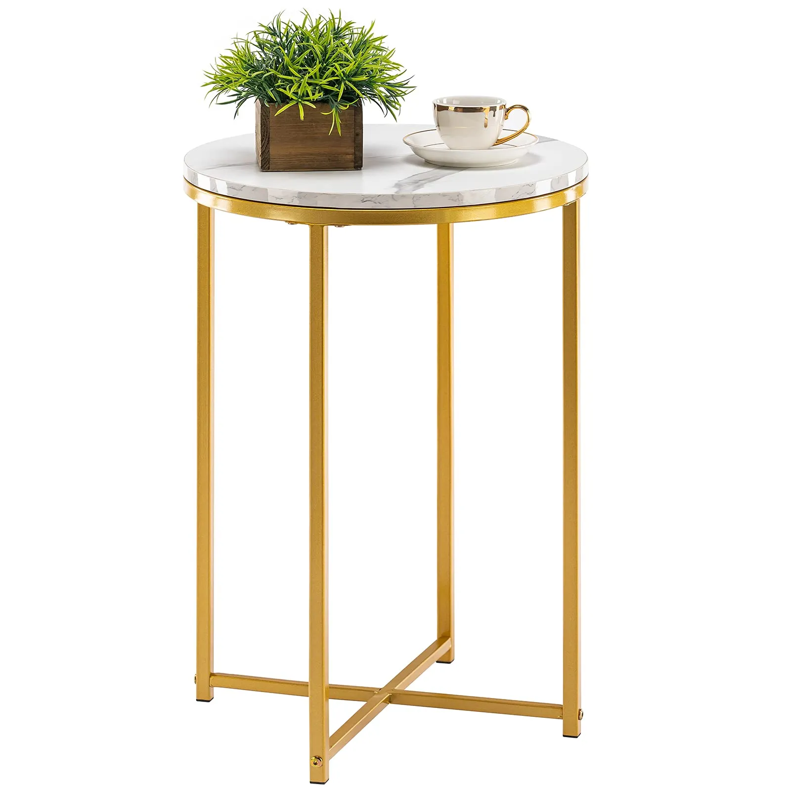 TECHMILLY Round End Table, Faux Marble Sofa Table, Accent Side Table with Metal Frame, Modern Gold Nightstand, Tall Coffee Table for Living Room, Bedroom