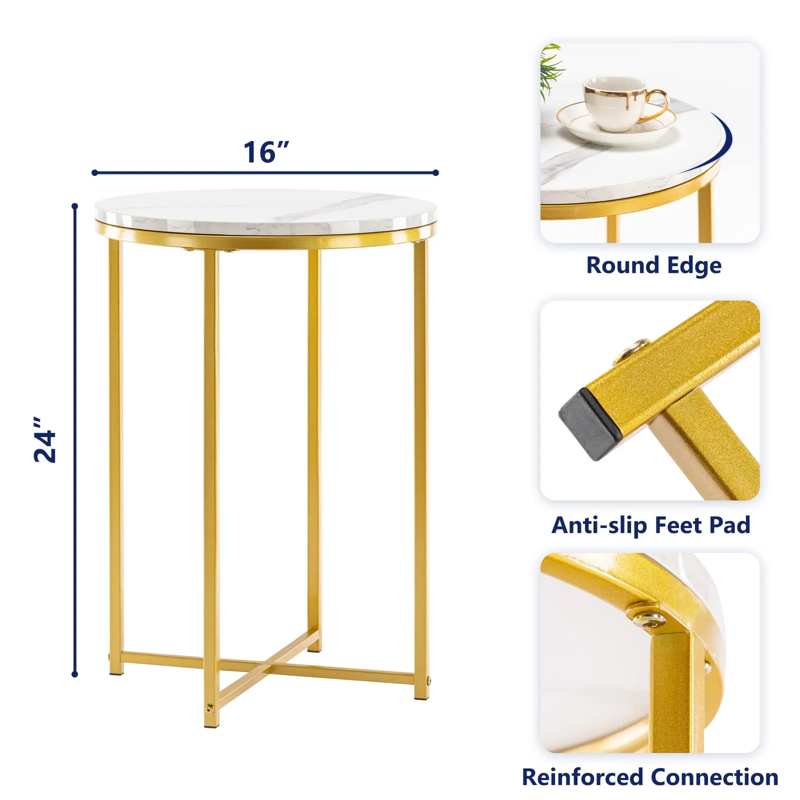 TECHMILLY Round End Table, Faux Marble Sofa Table, Accent Side Table with Metal Frame, Modern Gold Nightstand, Tall Coffee Table for Living Room, Bedroom