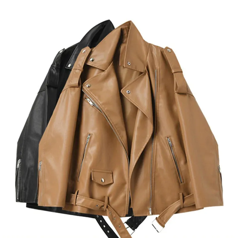 The Biker Vegan Leather Motorcycle Jackets with Belt Accent