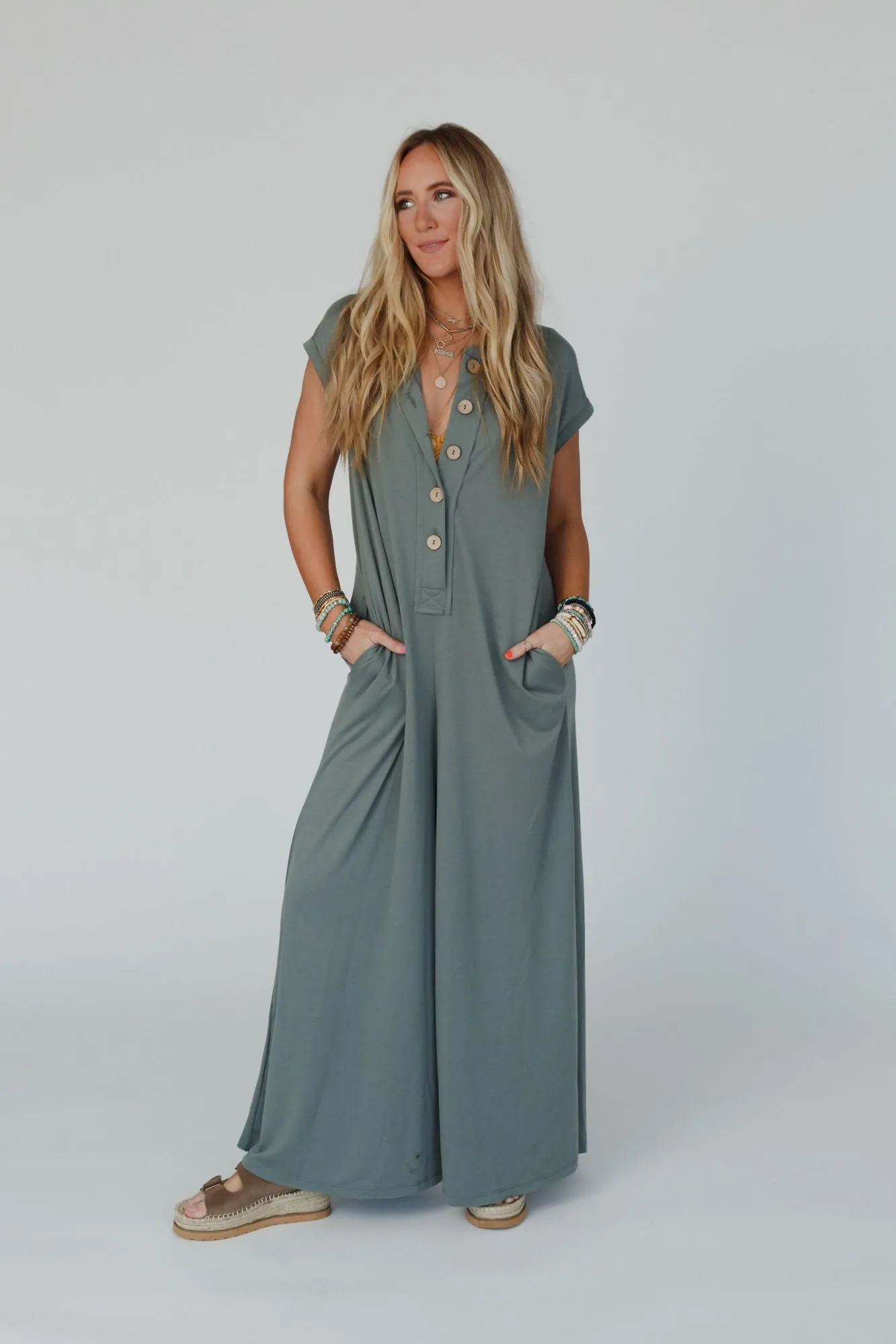 The Nest Davina Wide Leg Jumpsuit - Light Olive