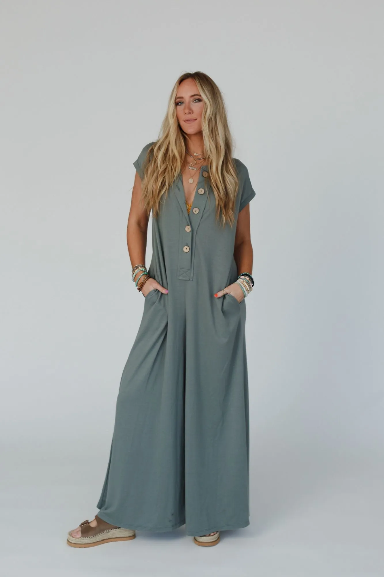 The Nest Davina Wide Leg Jumpsuit - Light Olive