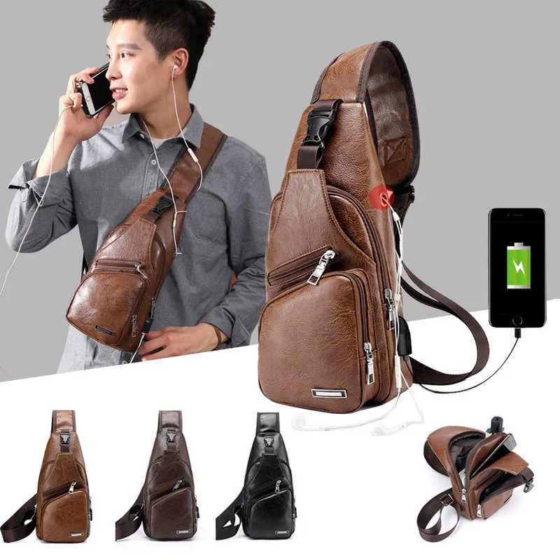 Trendy Versatile Men's Leather Shoulder Cross Body Bag-USB Charging