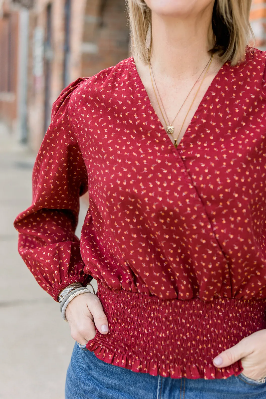 V-Neck Smocked Blouse