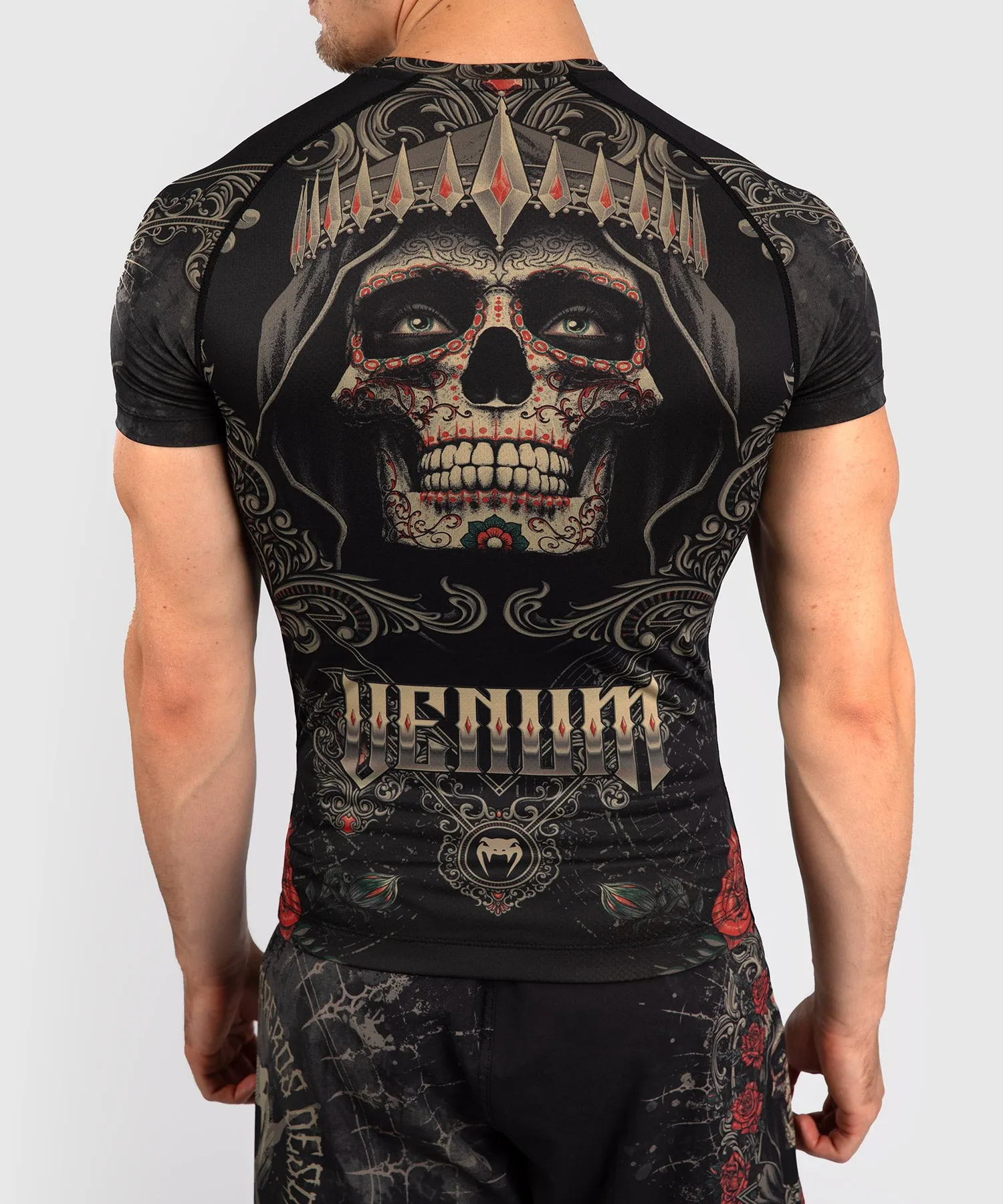 Venum Santa Muerte 5.0 Men’s Short Sleeve Rashguard - Deep Black/Gold