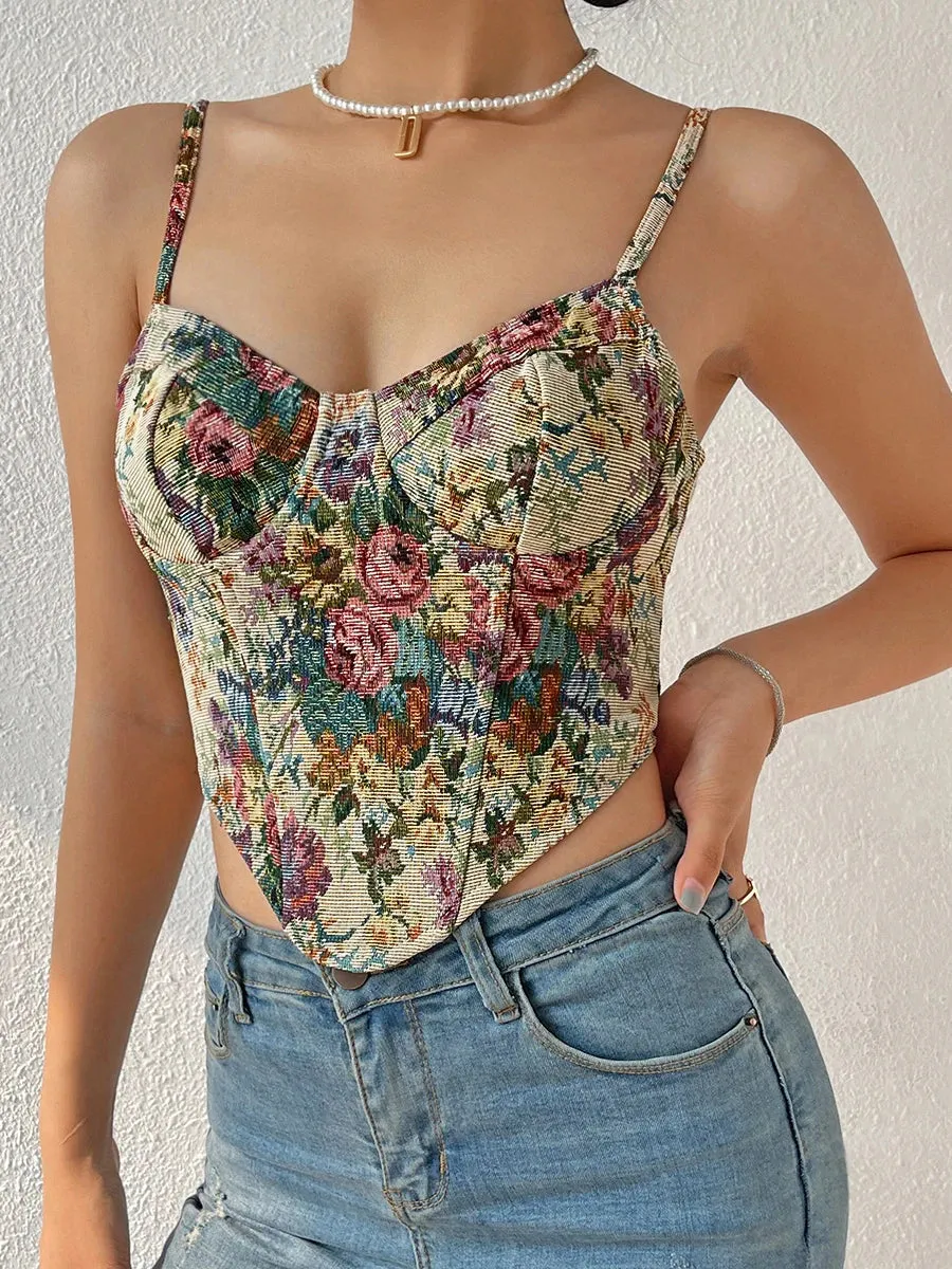 Vintage Floral Print Push Up Bustier Women V Neck Sleeveless Backless Hem Tank Y2k Top