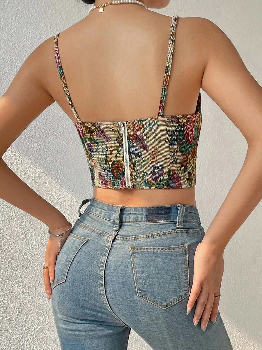 Vintage Floral Print Push Up Bustier Women V Neck Sleeveless Backless Hem Tank Y2k Top