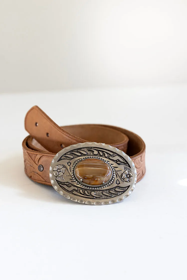 Vintage Tooled Belt with Silver Buckle