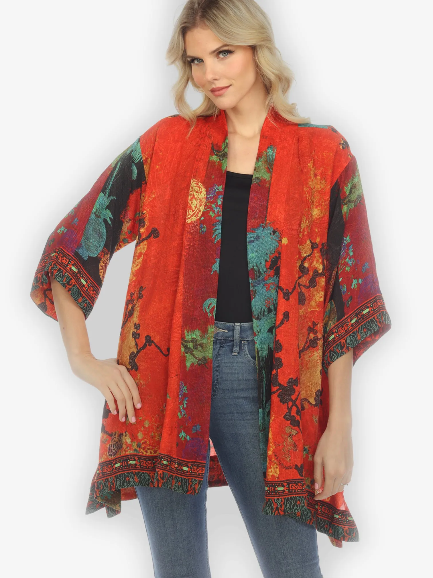 Vintage Vase Floral Silk Kimono Top