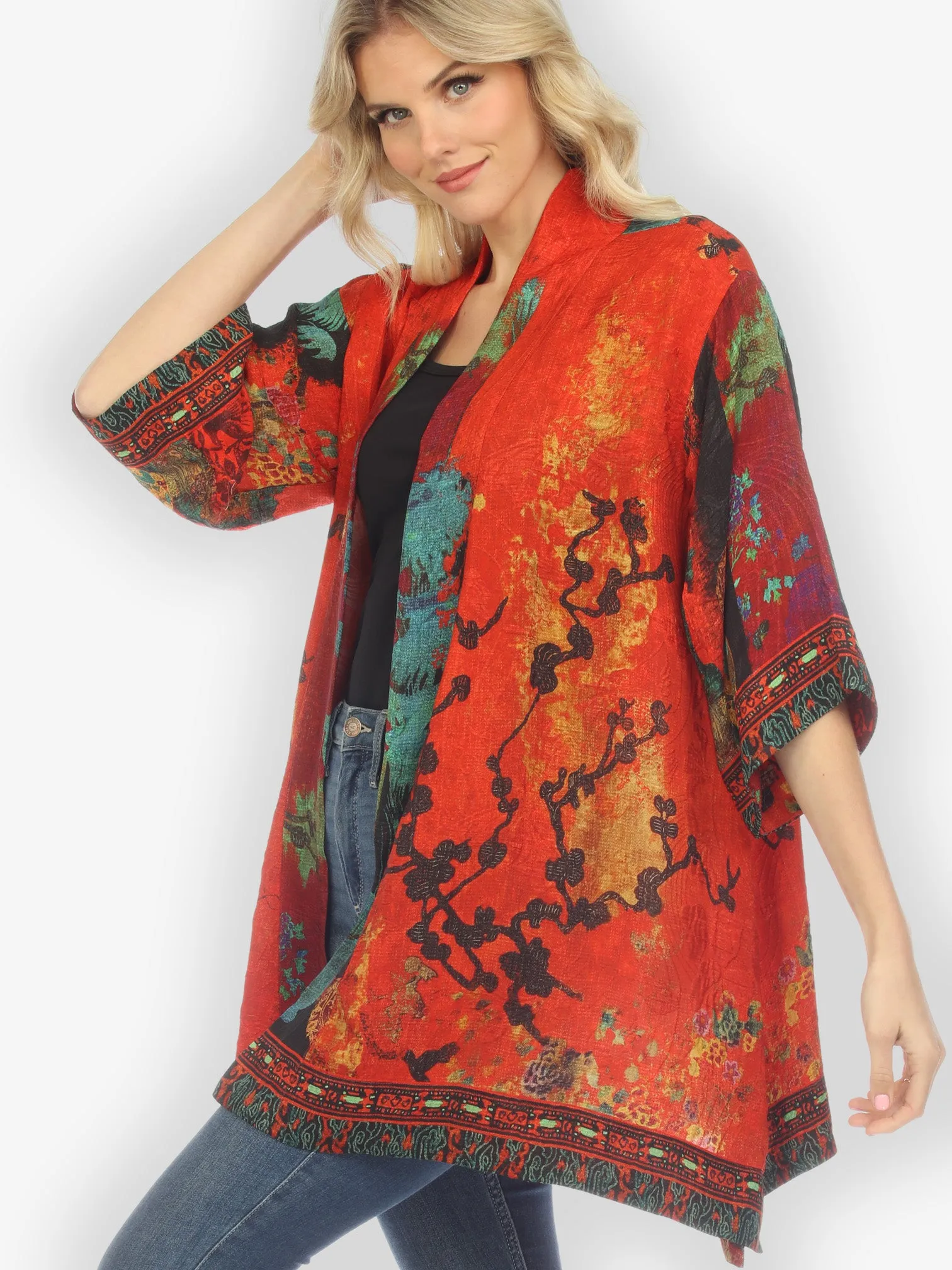 Vintage Vase Floral Silk Kimono Top