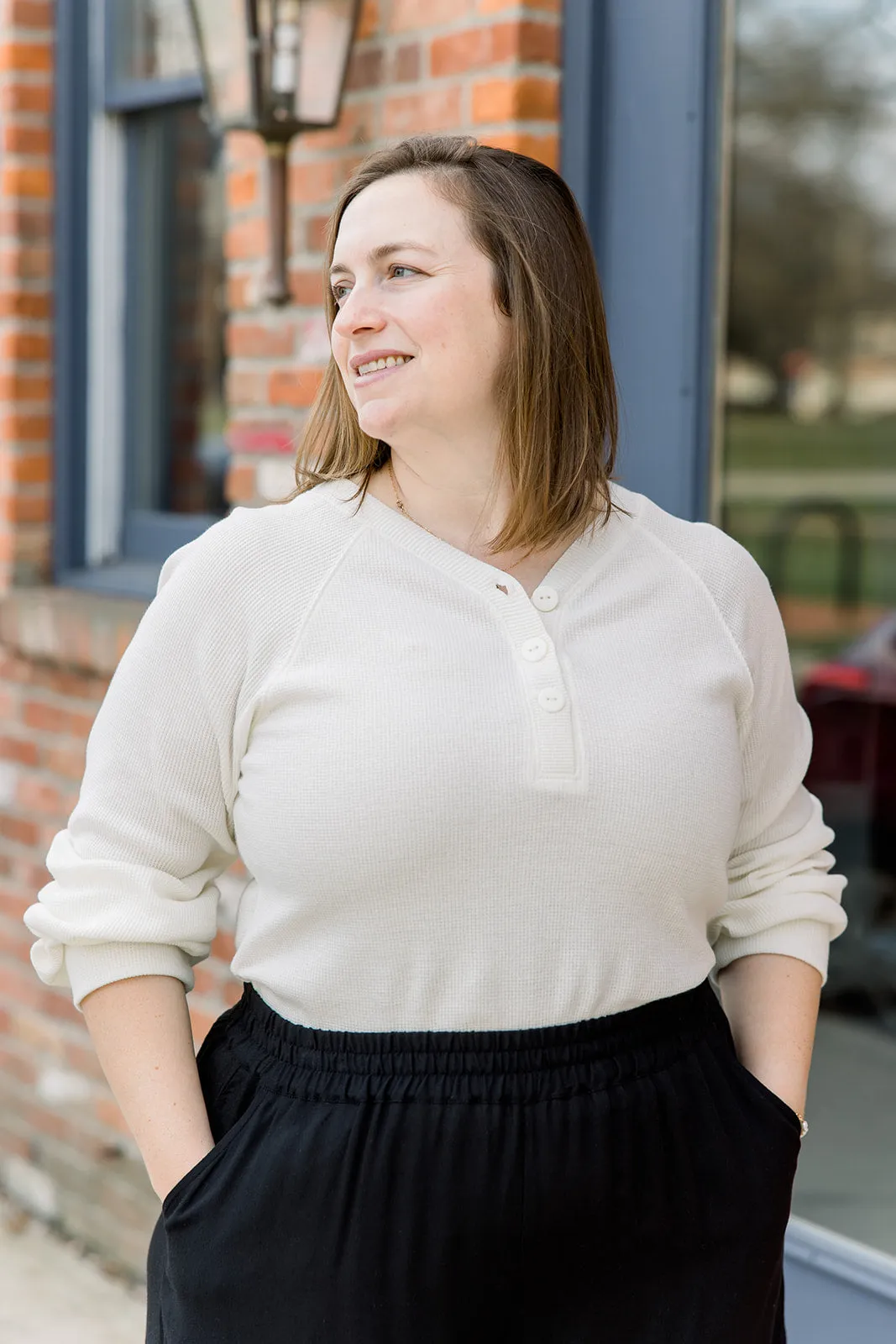 Waffle V-Neck Henley - Ivory