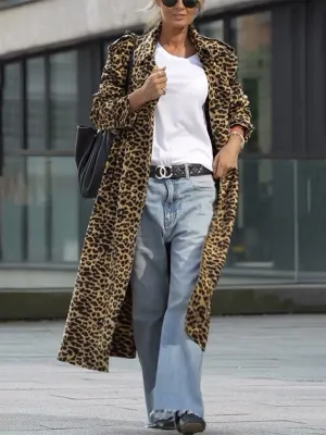 Wenkouban-Winter outfits ideas New Leopard Print Lapel Trench Coat Loose Casual Long Sleeve Women's Jacket