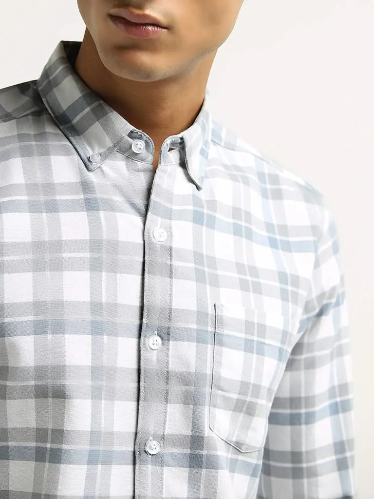 WES Casuals Grey Checked Cotton Slim Fit Shirt