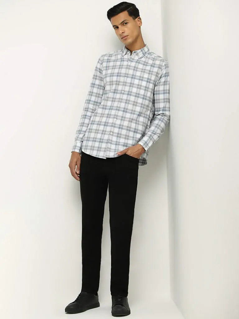 WES Casuals Grey Checked Cotton Slim Fit Shirt