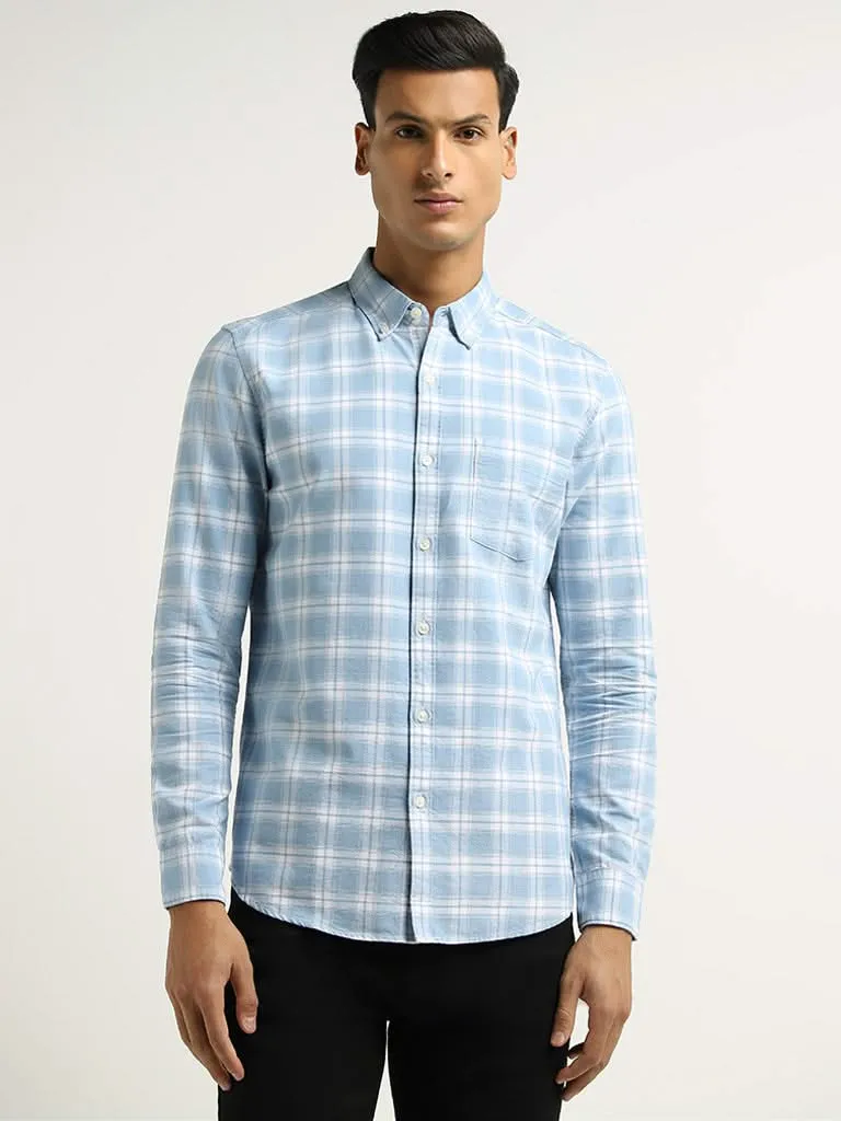 WES Casuals Light Blue Checked Cotton Slim Fit Shirt