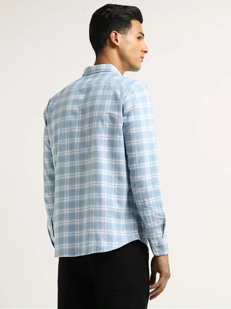 WES Casuals Light Blue Checked Cotton Slim Fit Shirt