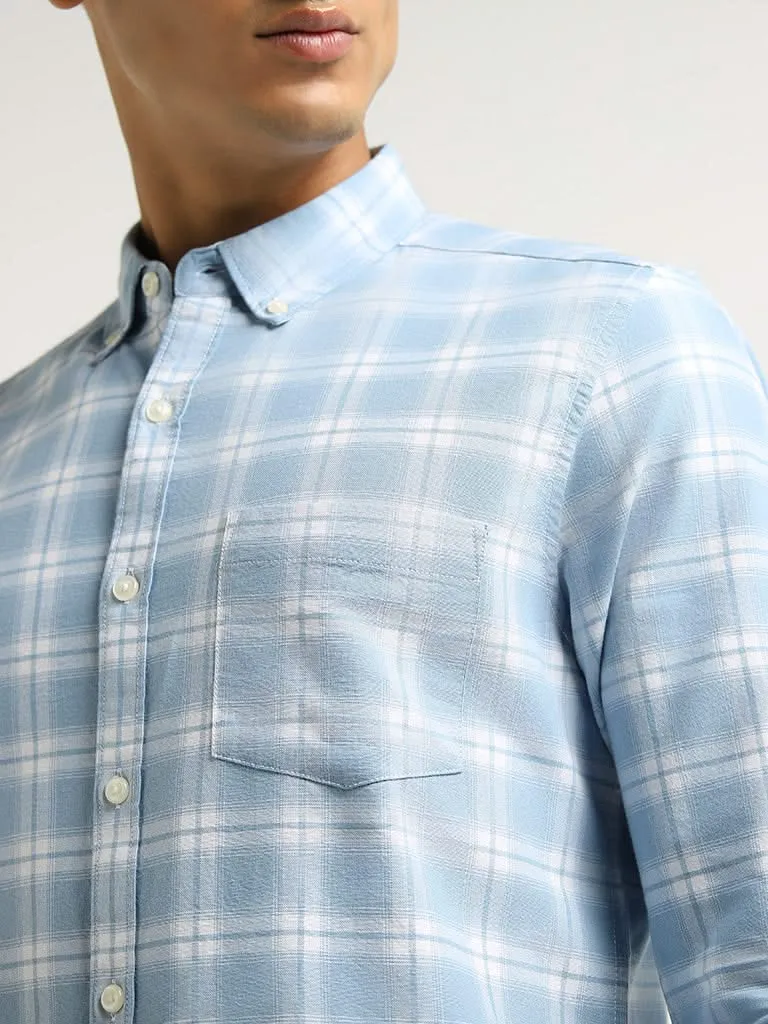 WES Casuals Light Blue Checked Cotton Slim Fit Shirt