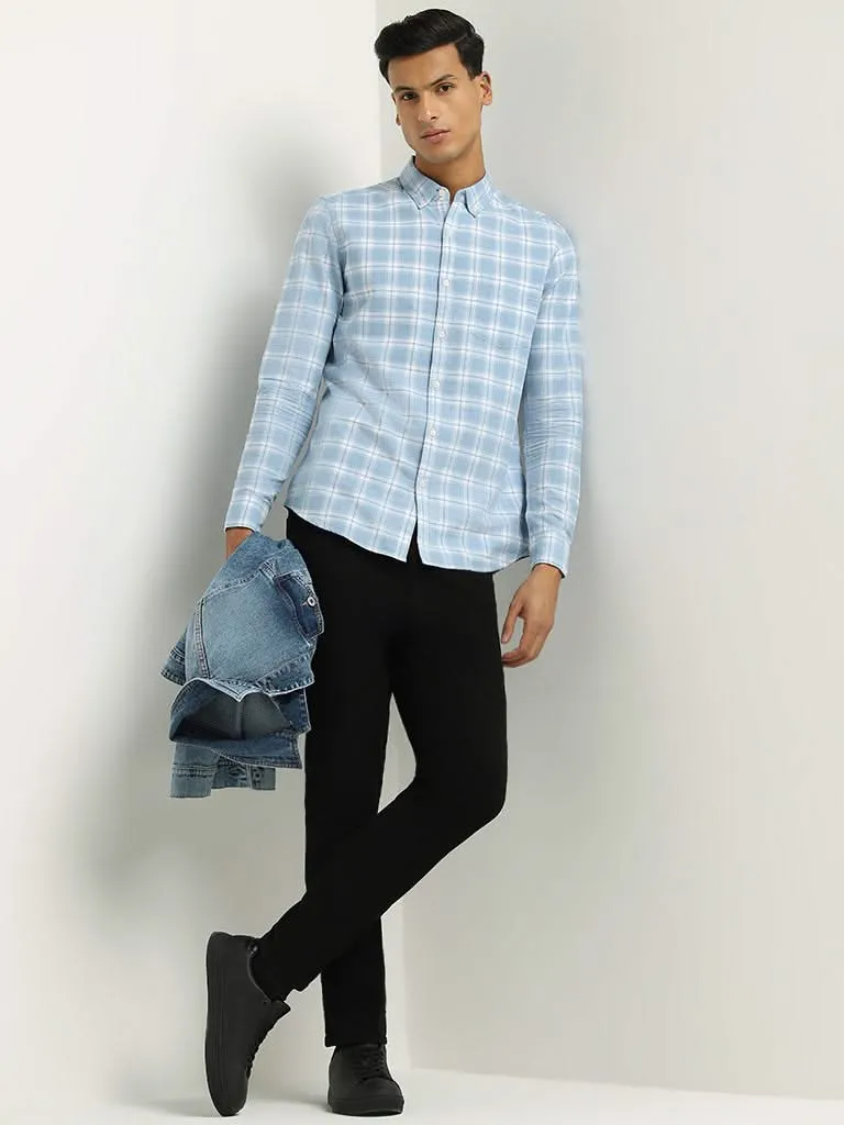 WES Casuals Light Blue Checked Cotton Slim Fit Shirt