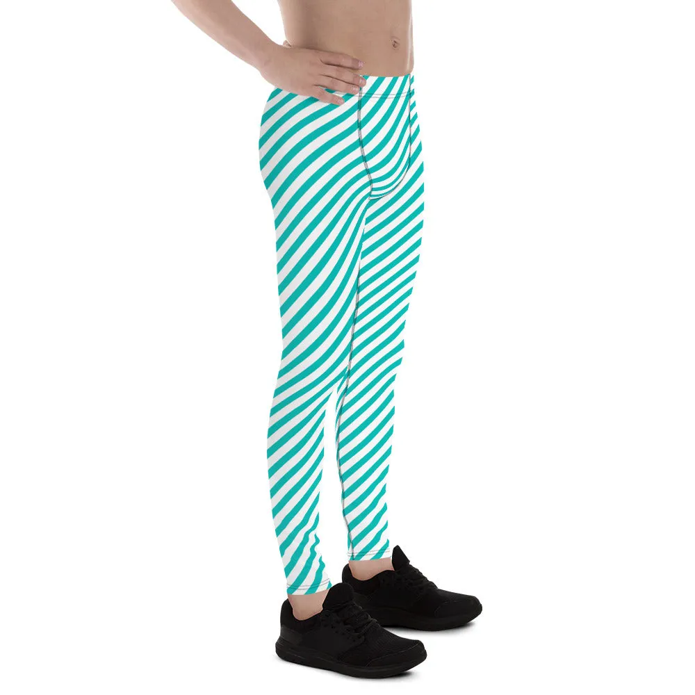 White Blue Diagonal Striped Meggings, Colorful Best Compression Tights For Men - Made in USA/EU/MX