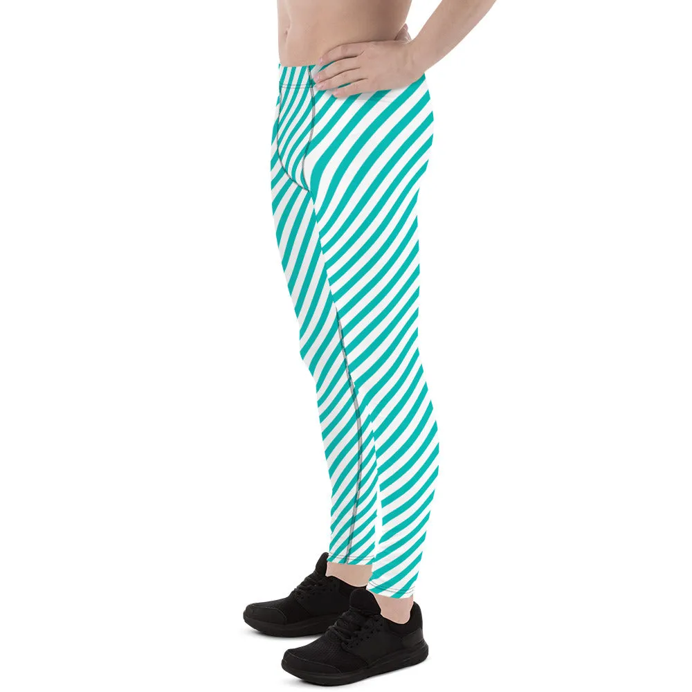 White Blue Diagonal Striped Meggings, Colorful Best Compression Tights For Men - Made in USA/EU/MX