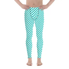 White Blue Diagonal Striped Meggings, Colorful Best Compression Tights For Men - Made in USA/EU/MX