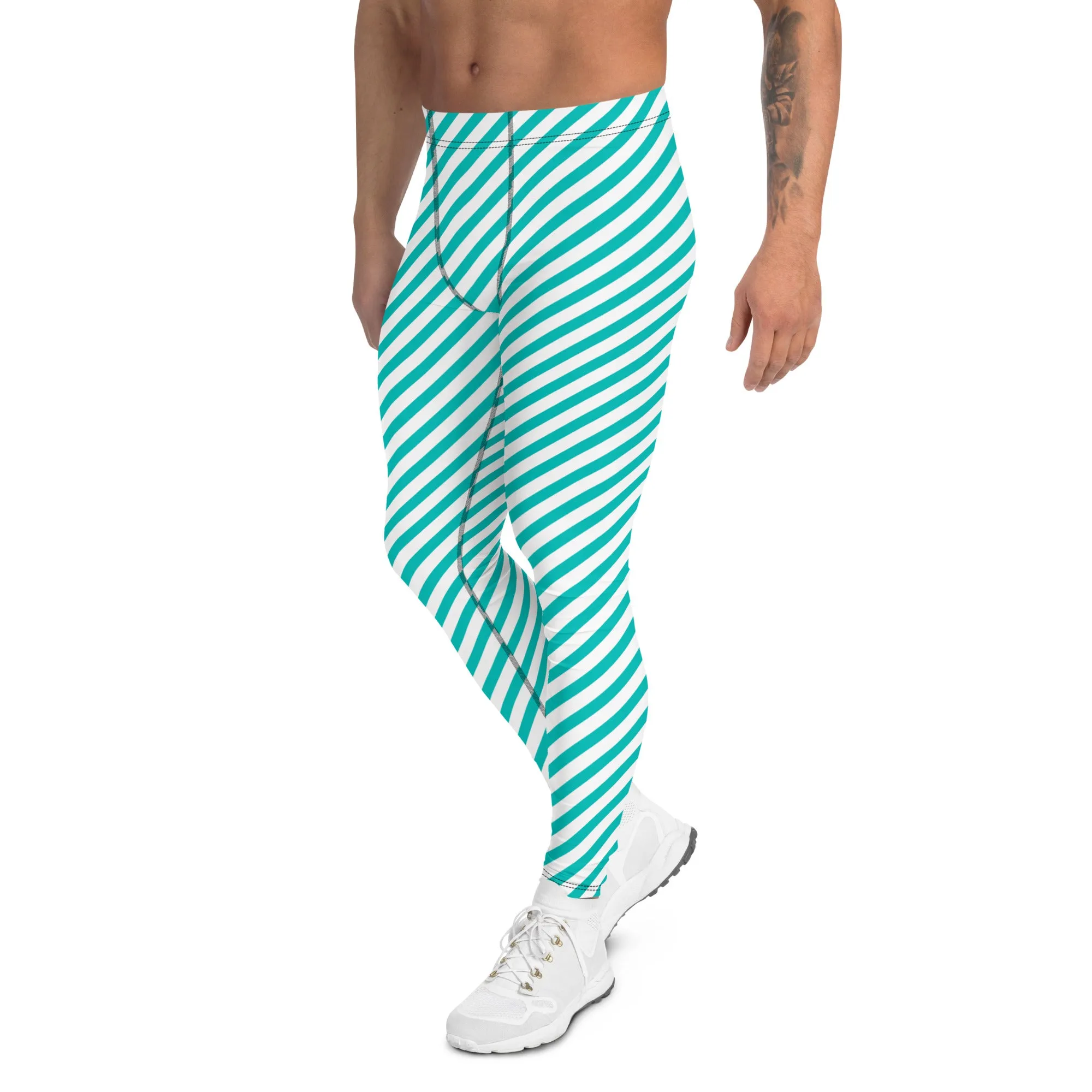 White Blue Diagonal Striped Meggings, Colorful Best Compression Tights For Men - Made in USA/EU/MX