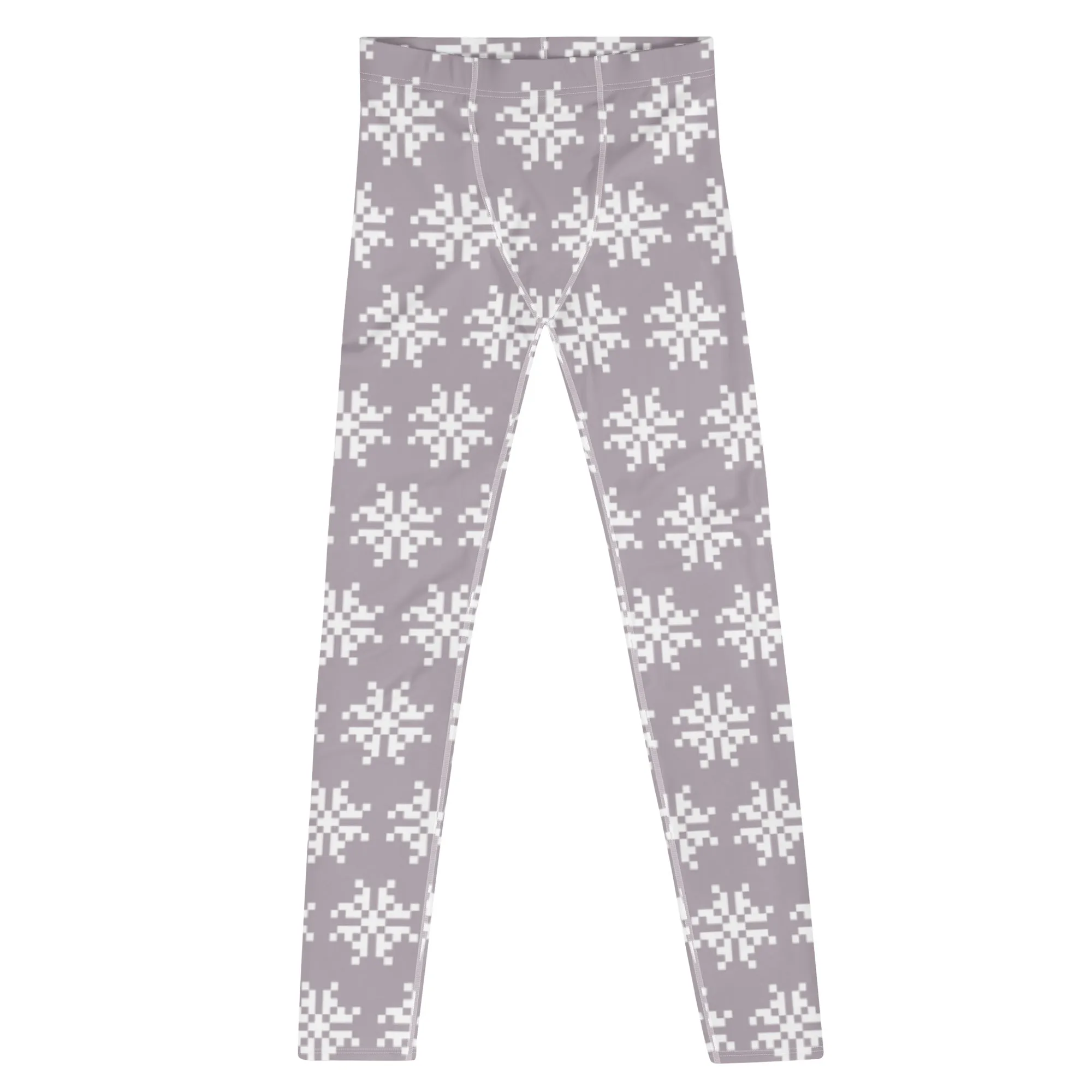 White Snowflakes Christmas Men's Leggings, X'mas Grey and White Festive Best Holiday Tights For Men - Made in USA/EU/MX