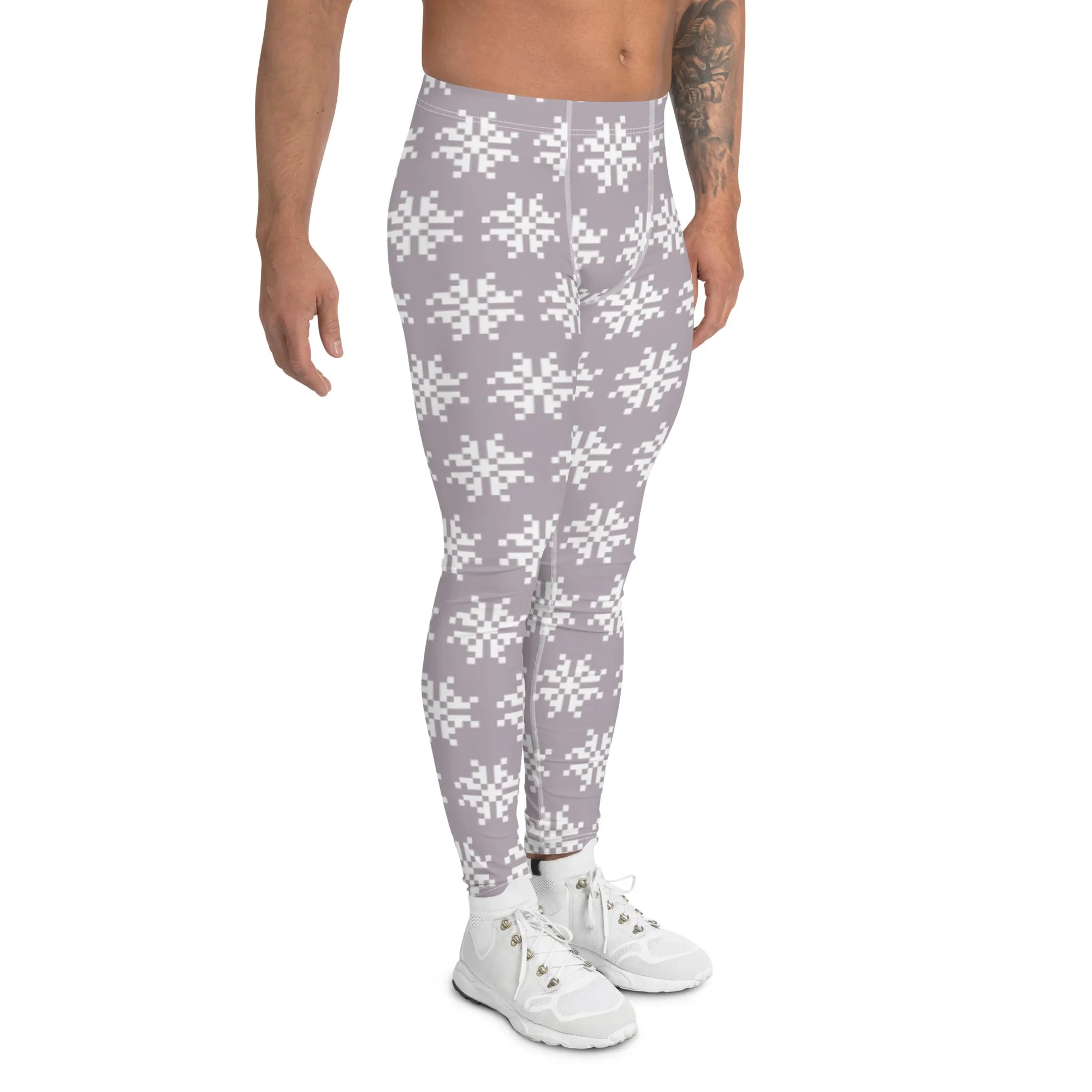 White Snowflakes Christmas Men's Leggings, X'mas Grey and White Festive Best Holiday Tights For Men - Made in USA/EU/MX