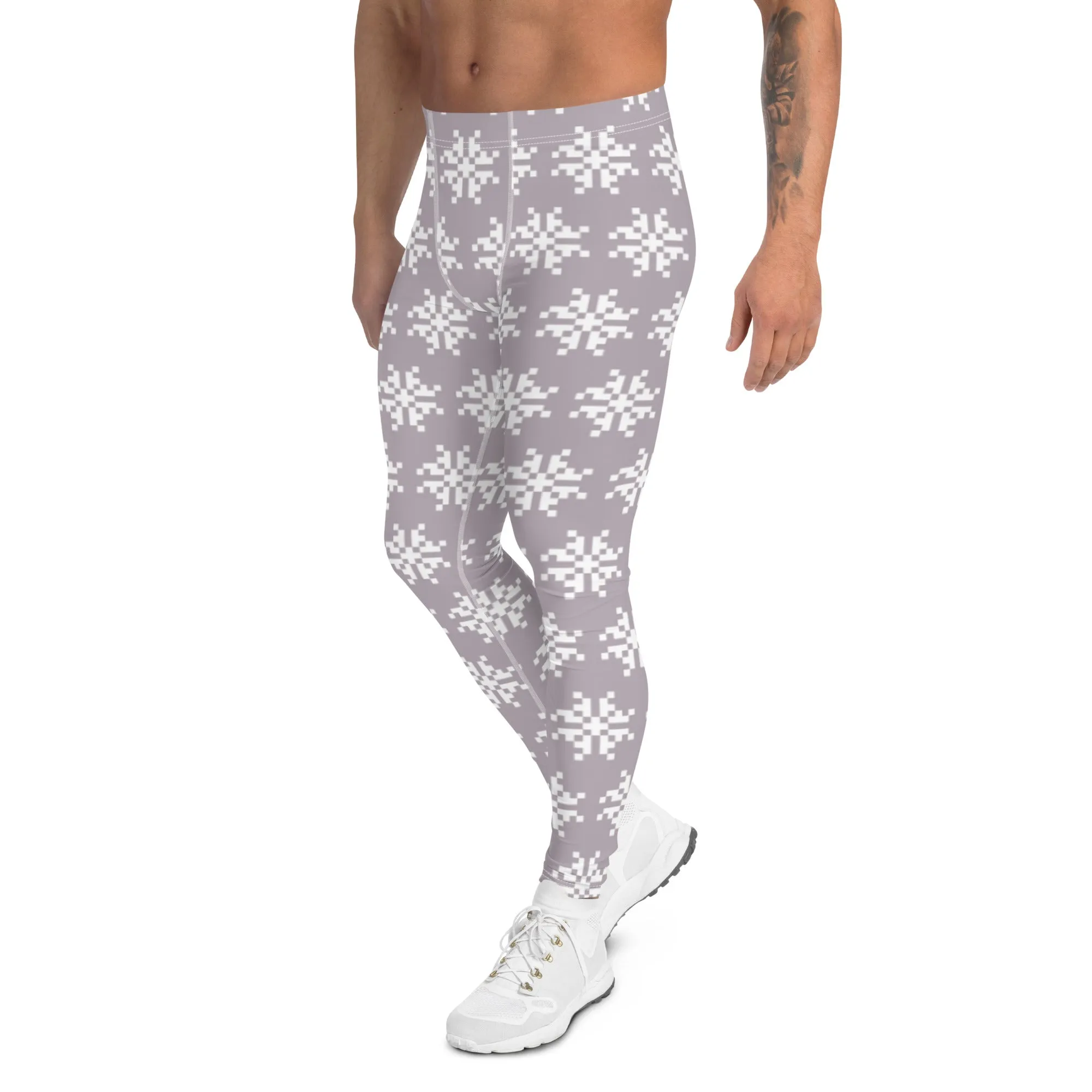 White Snowflakes Christmas Men's Leggings, X'mas Grey and White Festive Best Holiday Tights For Men - Made in USA/EU/MX