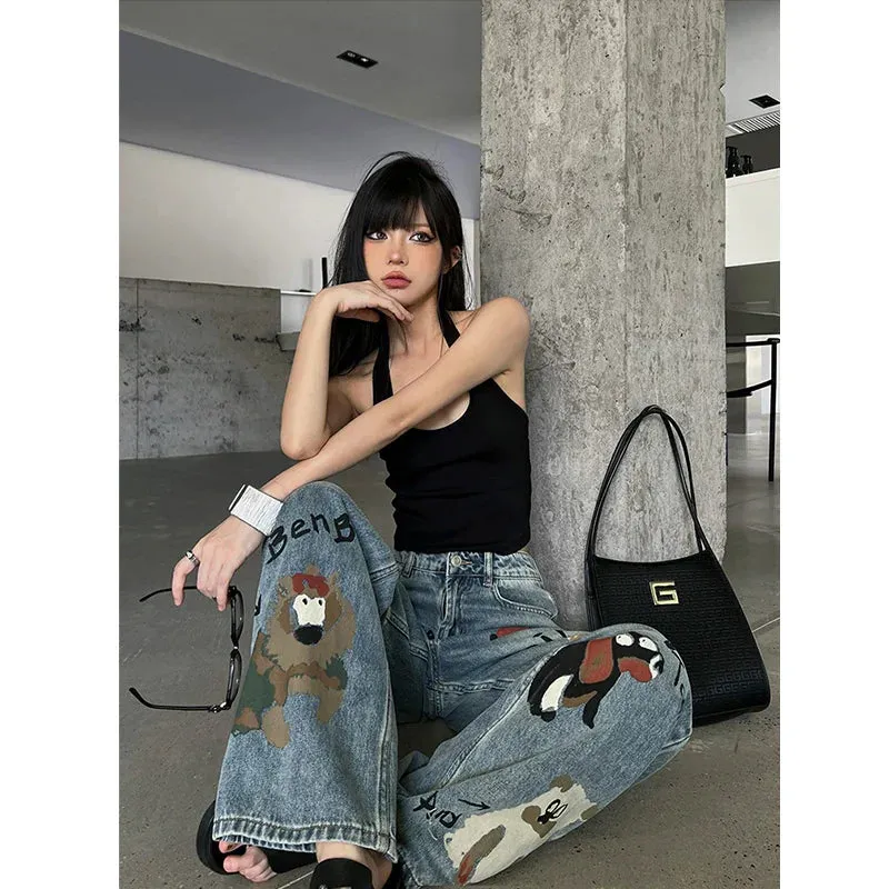 Wide Blue Chic Denim Waist High Leg Baggy Graffiti Streetwear Jeans