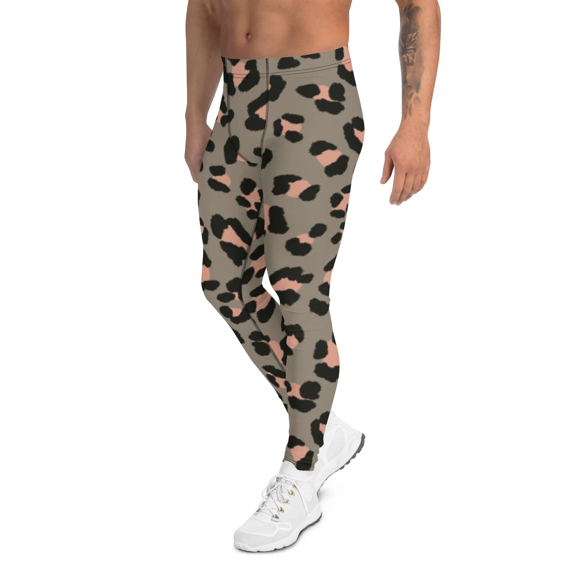 Wild Pink Leopard Men's Leggings, Leopard Animal Print Best Premium Running Tights For Men - Made in USA/EU/MX