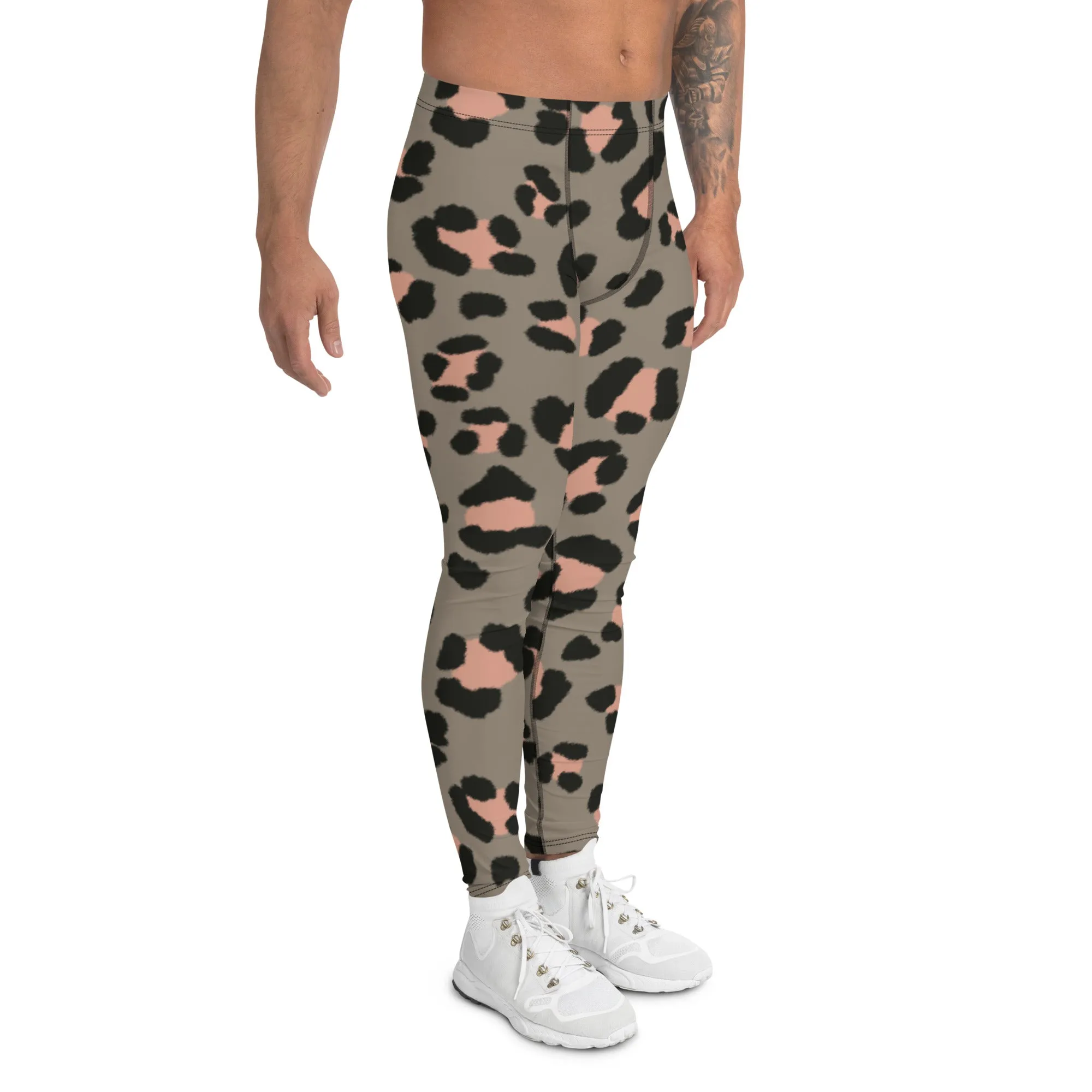 Wild Pink Leopard Men's Leggings, Leopard Animal Print Best Premium Running Tights For Men - Made in USA/EU/MX