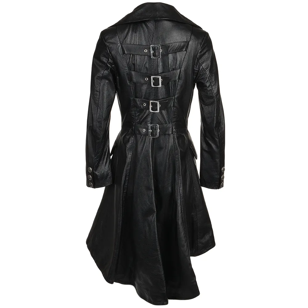 Women's Double Breasted Black Leather Trench Long Overcoat