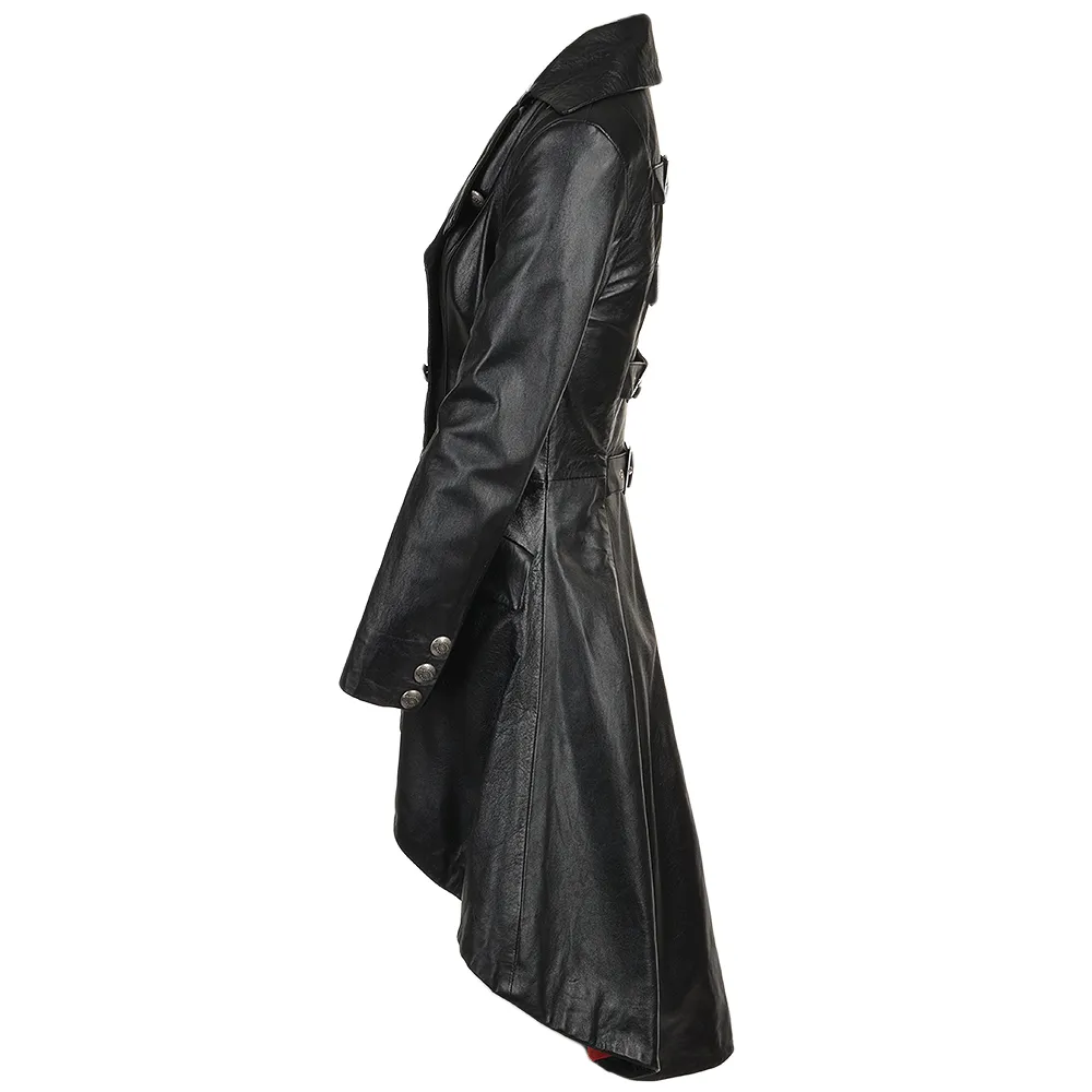 Women's Double Breasted Black Leather Trench Long Overcoat