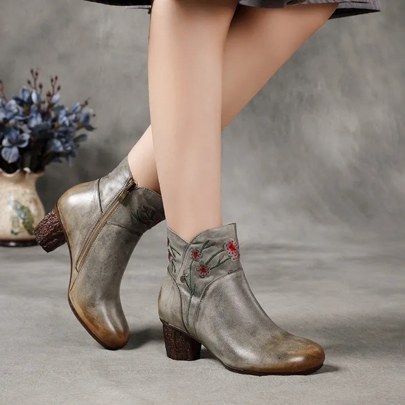 Women's Genuine Leather 40mm Heel Short Boots With Embroidery Flowers in Grey