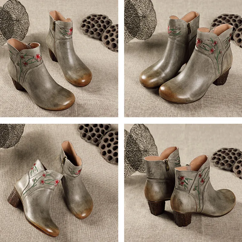 Women's Genuine Leather 40mm Heel Short Boots With Embroidery Flowers in Grey